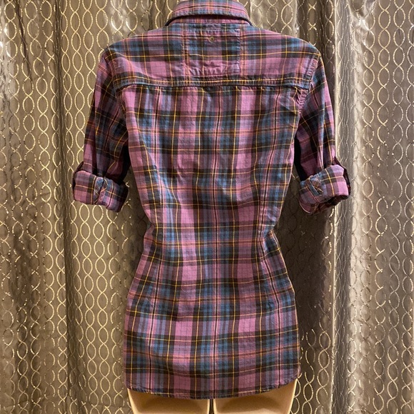 SOLD! SuperDry Co Purple & Blue Plaid Checkered Button Shirt w/Roll-Up Sleeves - Picture 8 of 11
